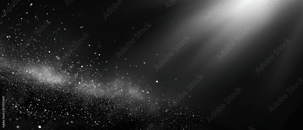 Poster Dramatic rays of light illuminate a dark space filled with sparkling particles and dust creating a magical and atmospheric backdrop.