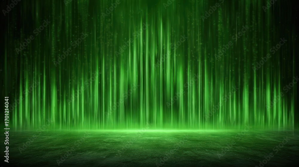Poster an abstract background of vibrant green light streams illuminate a dark stage creating a mysterious 
