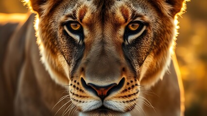 Fototapeta premium Lioness with a focused gaze, showcasing detailed fur under warm savanna sunlight.