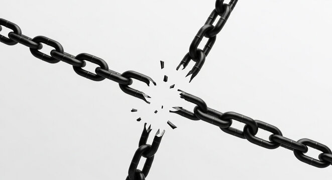 Minimal poster with black broken chains in center on plain background