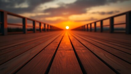 Fototapeta premium A wooden deck stretches toward the horizon, bathed in warm sunset light with a soft glow.