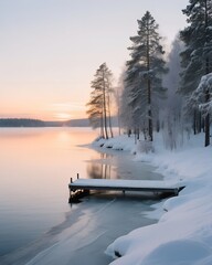 Winter Snowy Lake Sunset Vector Illustration