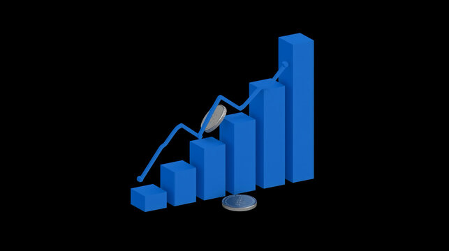 Isometric Ascending Bar Chart with Coin and Line Growth Illustration