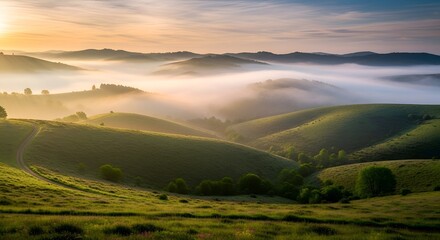 Obraz premium Experience serene rolling hills bathed in golden sunrise light with misty mountain views, nature's peaceful embrace