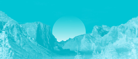 snow Landscape with mountains and the sun in the sky. 