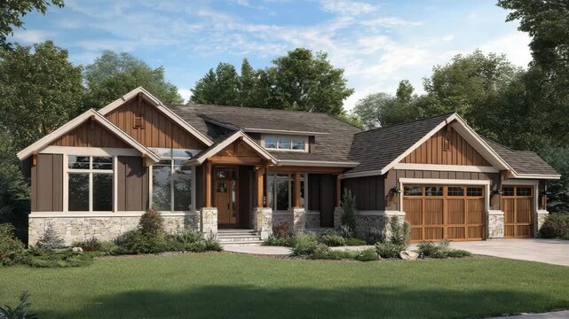 Spacious suburban family home with a stone and wood facade, featuring a prominent entrance, multiple garage doors, and a wellmanicured lawn