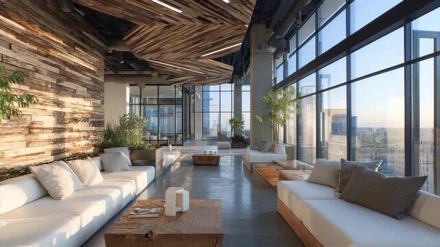 Modern luxury apartment interior with a stunning panoramic city view through floortoceiling windows, featuring natural wood accents and comfortable seating