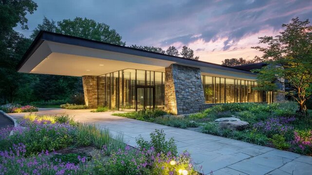 Modern building with stone and glass facade surrounded by lush gardens and illuminated pathways at dusk