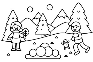 line art Children playing in the snow silhouette vector illustration