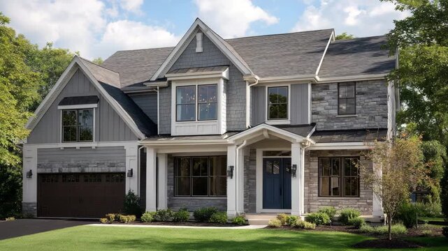 Traditional american suburban house with gray siding, stone accents, a prominent gable, and a blue front door, surrounded by greenery