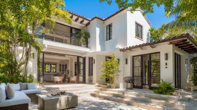 Spacious mediterraneanstyle villa with an openair patio, outdoor seating, and a fire pit, surrounded by lush tropical foliage and trees