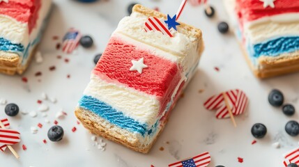Patriotic ice cream sandwich with american flags and blueberries on marble