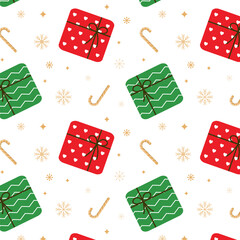 Christmas ornaments seamless pattern with colorful gift boxes, candy canes and snowflakes  isolated on white background.Present repeat pattern.Vector graphic  illustration wallpaper.