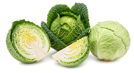 Fototapeta premium Fresh Green Cabbage Halved and Whole on White Background