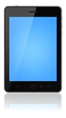 A contemporary black tablet computer displays a vibrant light-blue screen, reflecting subtly on a white surface.