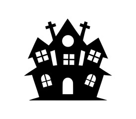 Spooky silhouette haunted house with crosses on roof. house silhouette vector