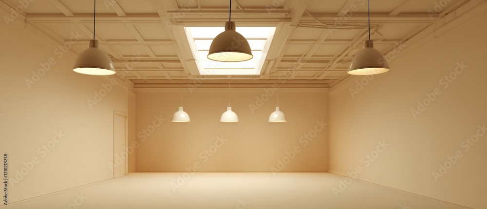 Aufkleber a spacious empty room is illuminated by hanging pendant lights and a skylight in the ceiling with a 
