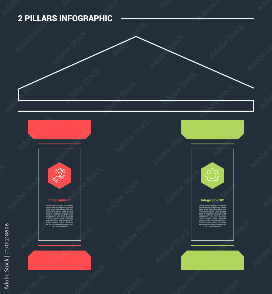 Poster 2 pillars infographic process diagram with balance pillar with hexagon badge with dark background br