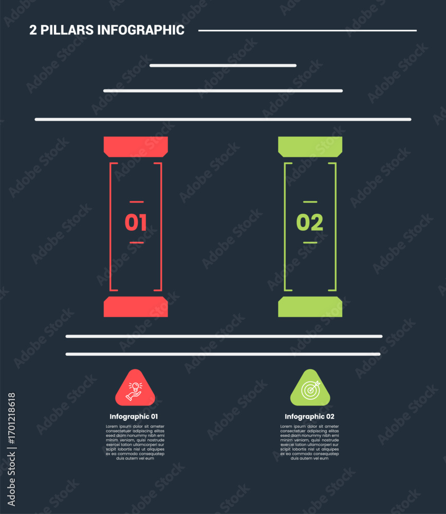Poster 2 pillars infographic process diagram with simple pillar with arrow badge on bottom with dark backgr
