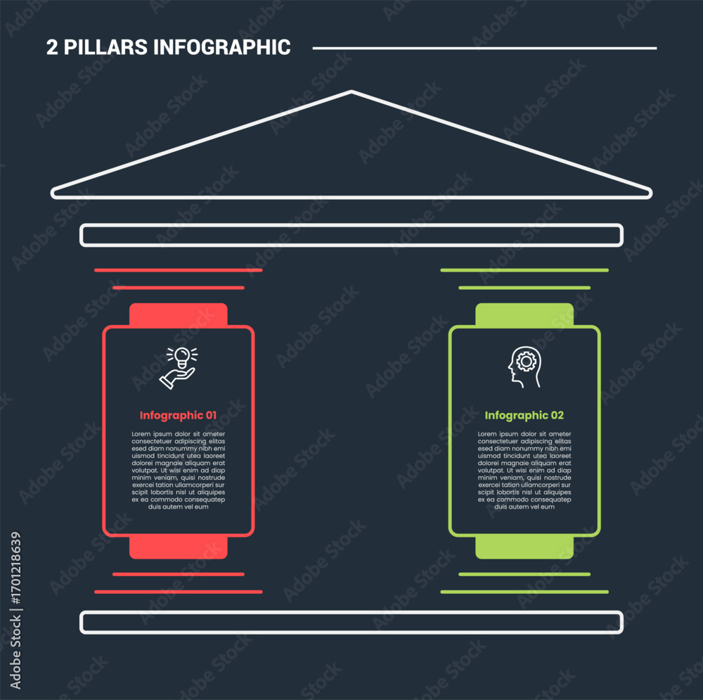 Poster 2 pillars infographic process diagram with balance pillar with round rectangle container and small b