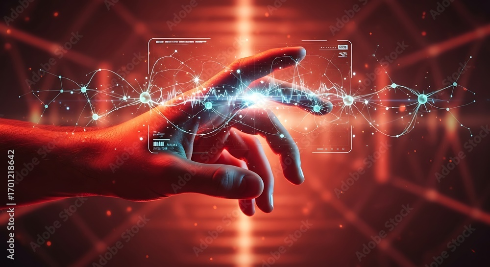 Poster close-up of hand interacting with a red digital network interface finger touching