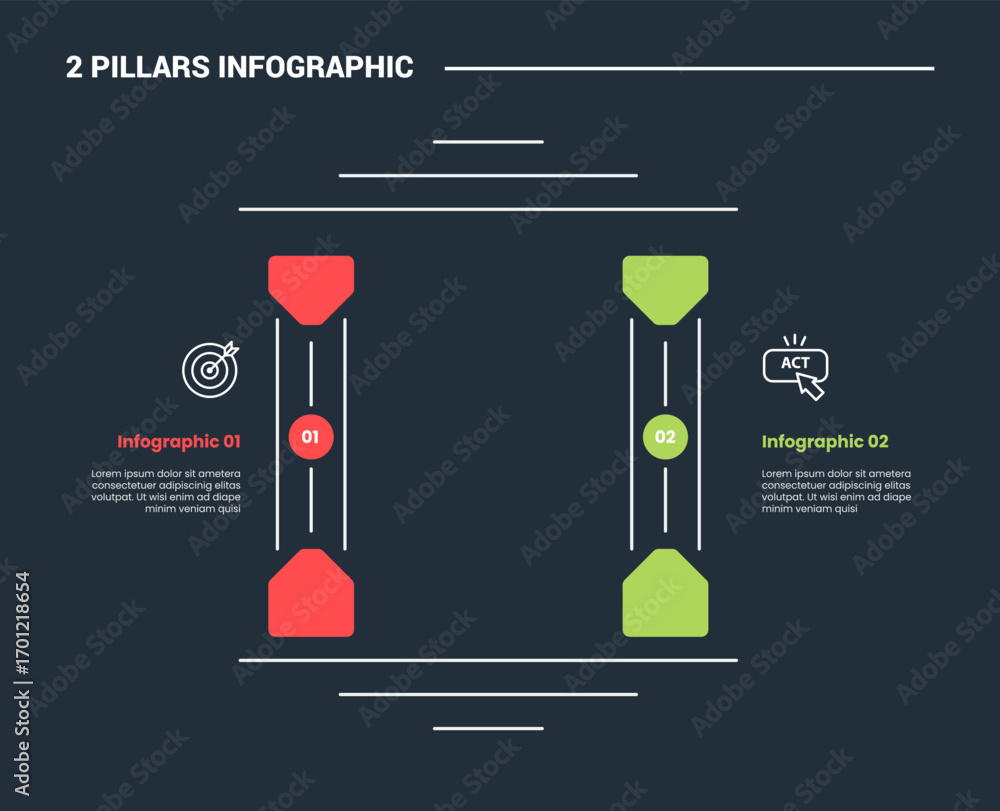 Leinwandbilder 2 pillars infographic process diagram with round triangle shape with opposite direction with dark ba