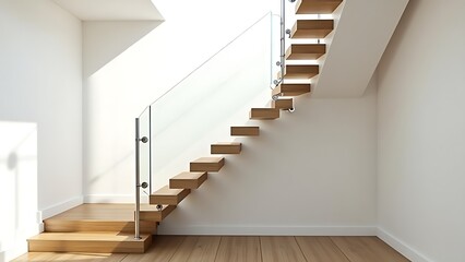 Contemporary cantilevered wooden stairs with a frameless glass railing in a sunlit modern home interior design