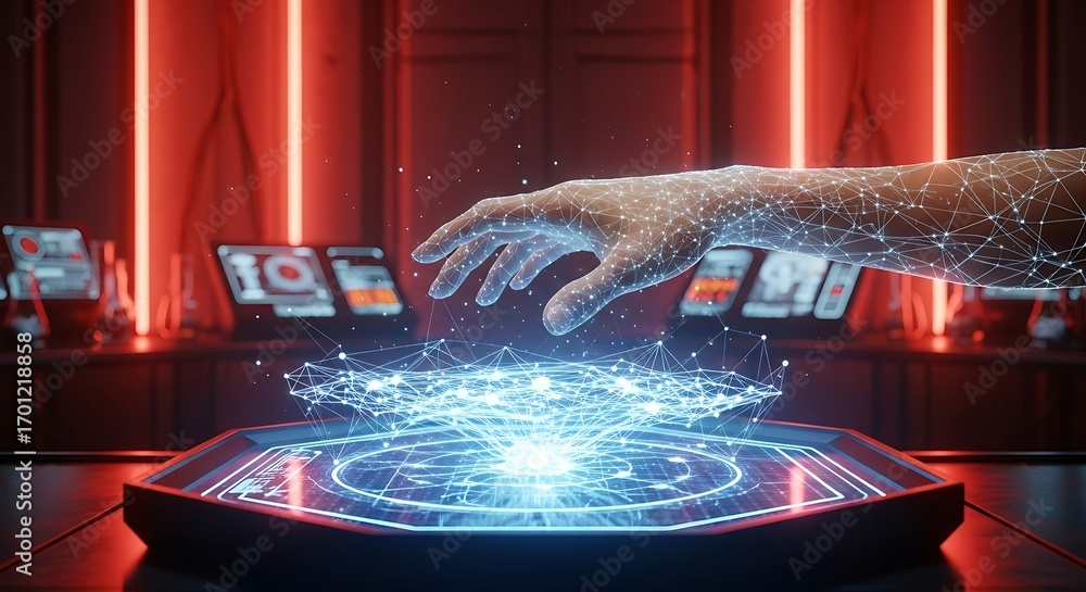 Poster digital hand interacting with holographic neural network in futuristic control room technology