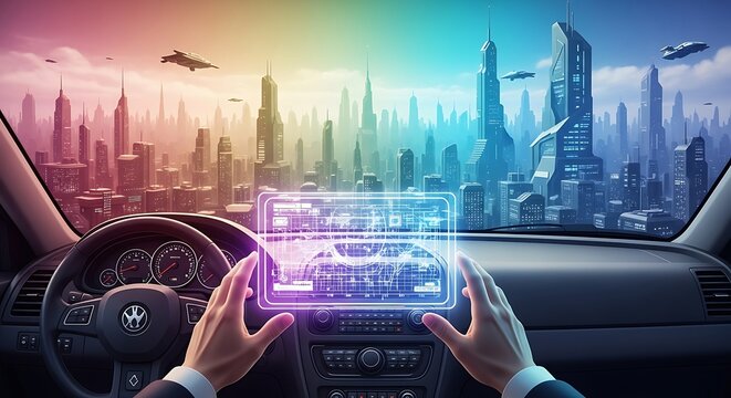 Driver's view of a futuristic car interior with holographic navigation system Keywords: technology, future