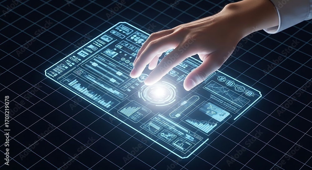 Poster finger touching a glowing holographic interface with data grids and charts image photo
