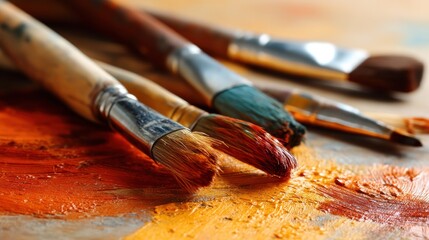 Fototapeta premium Close-up of vibrant paintbrushes resting on a colorful palette of mixed paint shades