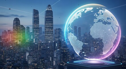 Futuristic Cityscape with Holographic Globe and Digital Connections at Dusk technology