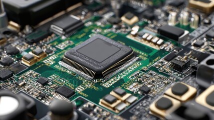 Close-up of a sophisticated computer motherboard showcasing intricate circuitry and electronic