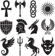 Black Silhouette Icons of Mythological Creatures and Symbols on White Background ankh