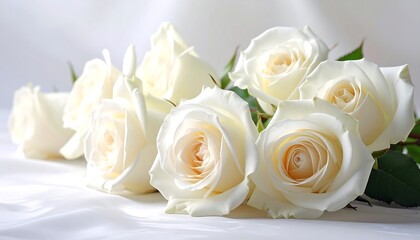 Obraz premium Delicate bouquet of pristine white roses rests gently on a smooth surface, showcasing soft, subtle nuances of cream color in the blossoms.