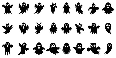 Collection of spooky black ghost silhouettes for halloween. set of silhouettes of spooky ghost