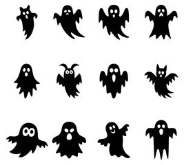 Collection of spooky and cute black halloween ghost silhouettes. set of silhouettes of halloween