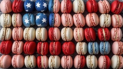 Rows of red, white, and blue macarons for july 4th celebration