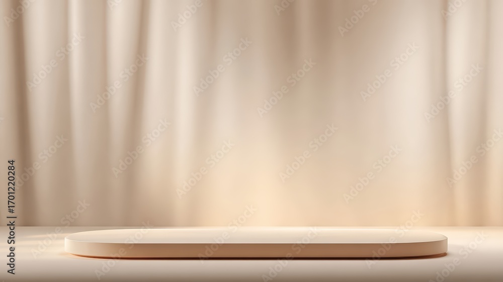 Poster An elegant beige podium stands illuminated beneath a soft spotlight against a backdrop of gently draped fabric in a studio setting showcasing design.
