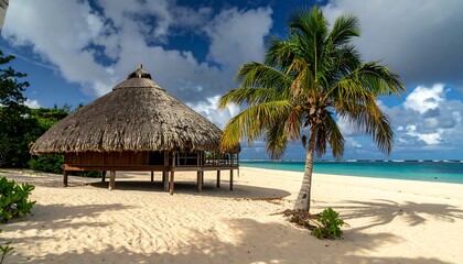 A thatched-roof hut stands on a pristine tropical beach, beneath a vibrant blue sky dotted with fluffy clouds.