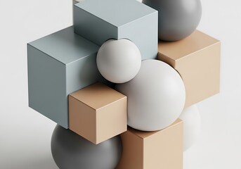 Abstract composition of spheres and cubes in pastel tones interplay