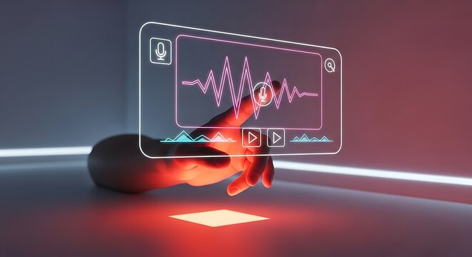 Hand Interacting With Futuristic Audio Waveform Interface Neon Glow image photo - Powered by Adobe