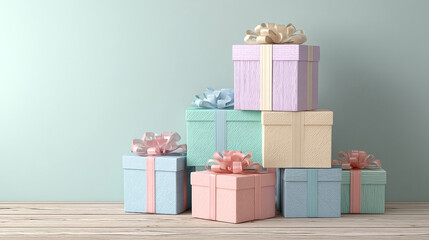 Pastel colored gift boxes stacked up against a light background for celebrations