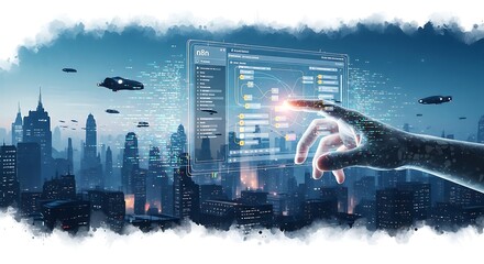 Hand Touching Futuristic Digital Interface Over a Cyberpunk Cityscape with Flying Cars technology