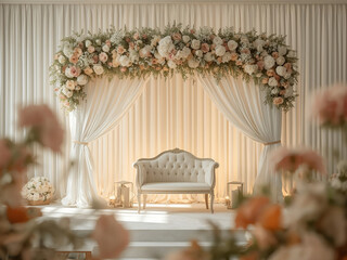 Luxurious indoor wedding stage with floral arch, draped ivory curtains, uplighting, and elegant settee for romantic reception.