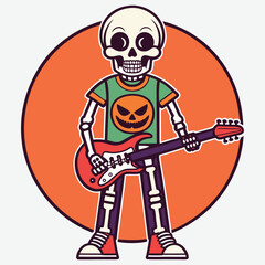 Skeleton rock star playing electric guitar with a Halloween t-shirt
