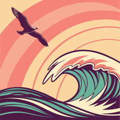 Abstract vector illustration of a dolphin logo design with ocean waves, a perfect summer symbol of sea animal nature