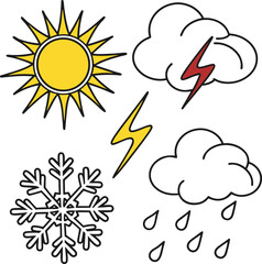 A vector icon set illustrates the summer weather forecast with sun, cloud, rain, moon, and star symbols for meteorology design