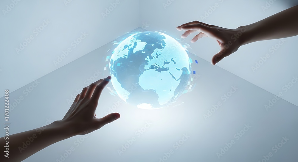 Aufkleber hands reaching towards a glowing holographic globe of earth in a minimalist setting keywords: techno