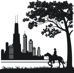 Vector cityscape with a park and people silhouettes
